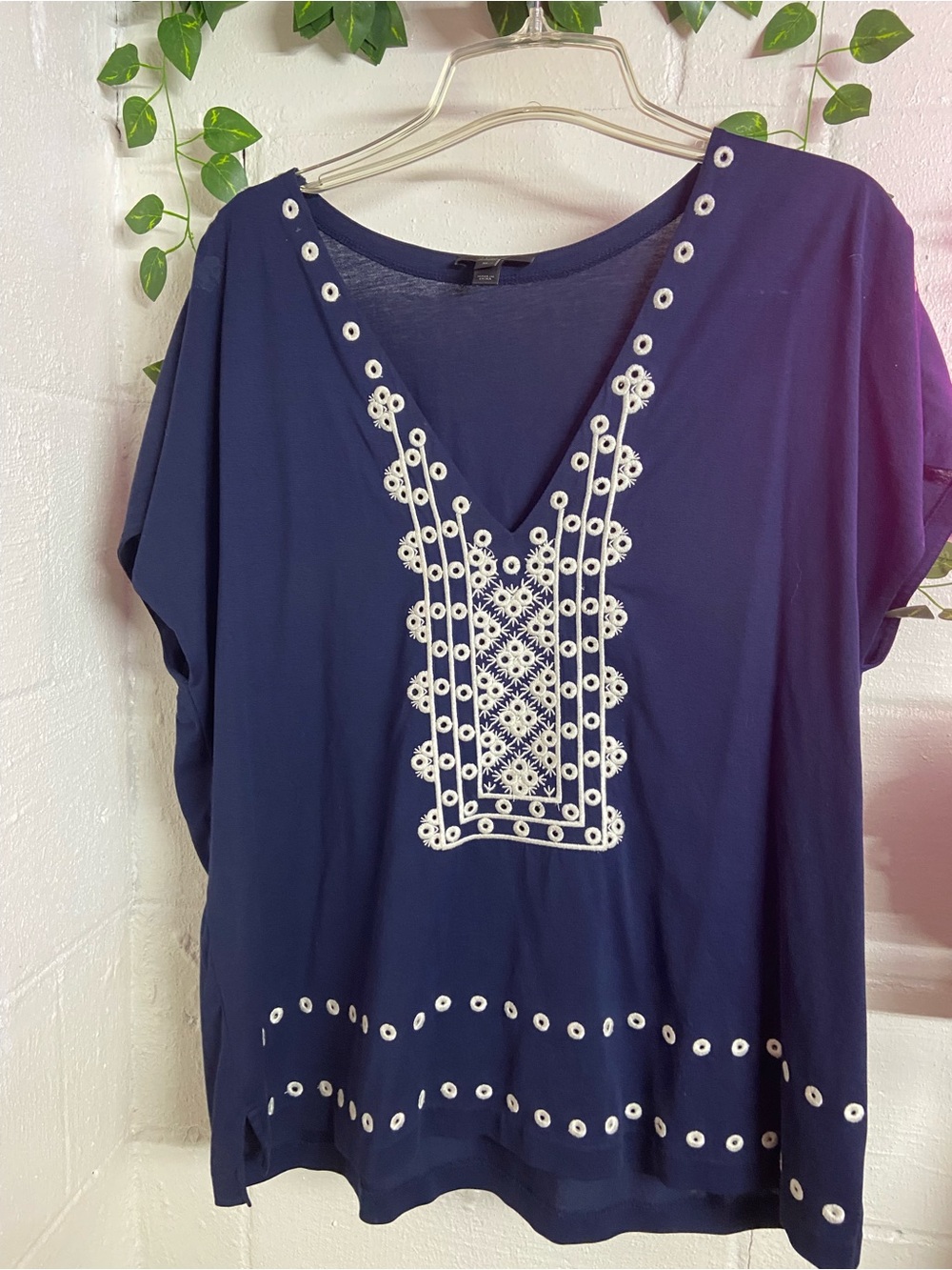 J. Crew Navy V-Neck Tunic with White Eyelet Embroidery